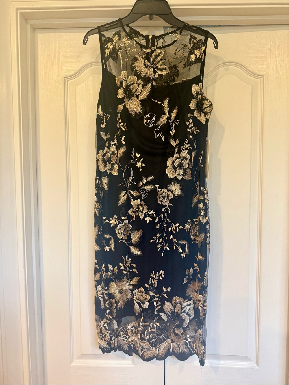 Calvin Klein Black Sheath Dress with Gold Floral Embroidery
